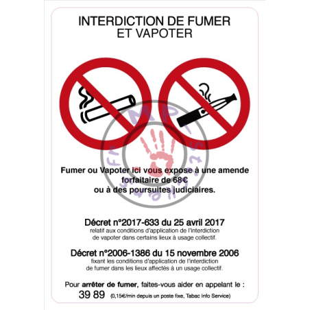 Sticker pour affichage légal "Interdit de Fumer et Vapoter"