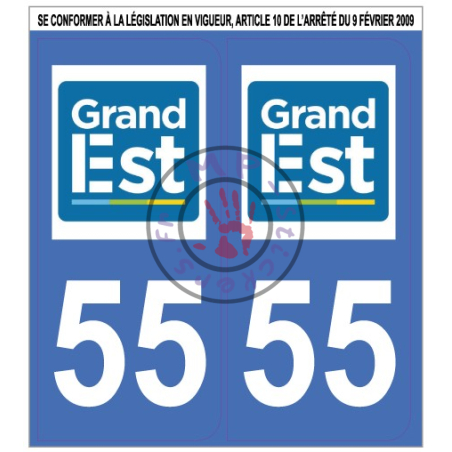Stickers de plaque d'immatriculation auto département Meuse 55 Grand Est(la paire) (port gratuit)