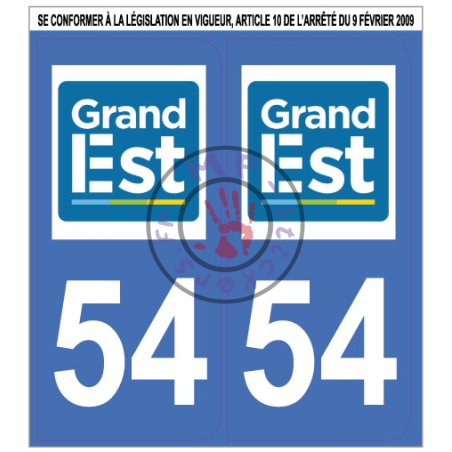 Stickers de plaque d'immatriculation auto département Meurthe et Moselle  54 Grand Est (la paire) (port gratuit)