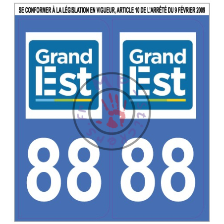 Stickers de plaque d'immatriculation auto département Vosges 88 Grand Est (la paire) (port gratuit)