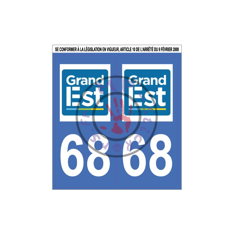 Stickers de plaque d'immatriculation auto département Haut-Rhin 68 Grand Est (la paire) (port gratuit)
