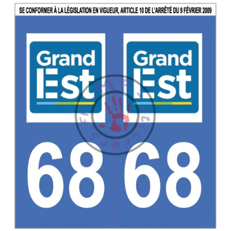 Stickers de plaque d'immatriculation auto département Haut-Rhin 68 Grand Est (la paire) (port gratuit)