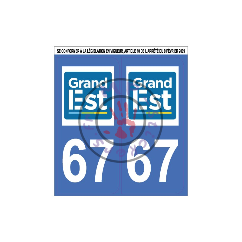 Stickers de plaque d'immatriculation auto département Bas-Rhin 67 Grand Est (la paire) (port gratuit)