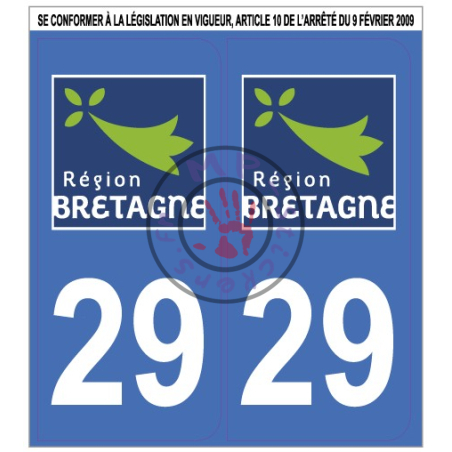 Stickers de plaque d'immatriculation auto département Finistère 29 BRETAGNE (la paire) (port gratuit)