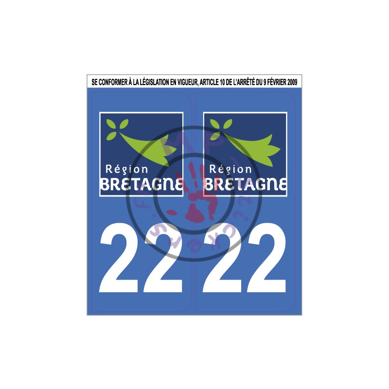 Stickers de plaque d'immatriculation auto département COTES D'ARMOR 22 BRETAGNE (la paire) (port gratuit)