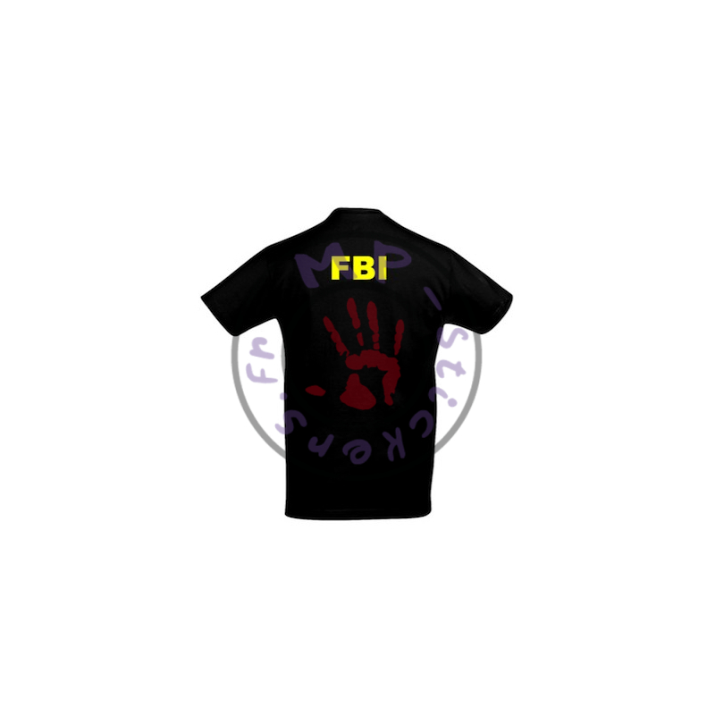 T-Shirt mixte noir avec inscription "FBI" en jaune dans le dos