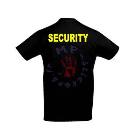 T-Shirt mixte noir avec inscription "SECURITY" en jaune dans le dos