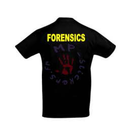 T-Shirt mixte noir avec inscription "FORENSICS" en jaune dans le dos