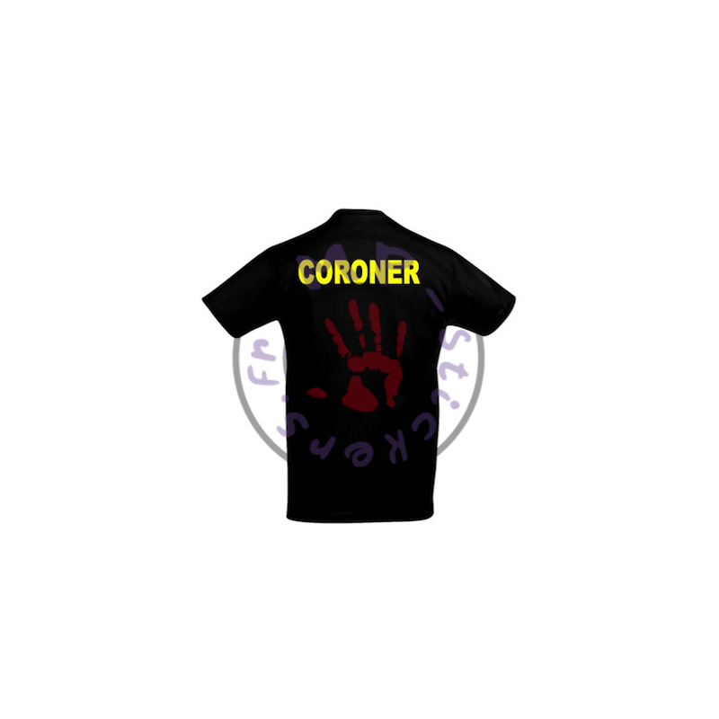 T-Shirt mixte noir avec inscription "CORONER" en jaune dans le dos