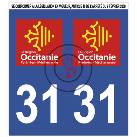 Stickers de plaque d'immatriculation auto département Haute-Garonne 31 MIDI PYRENEES (la paire)