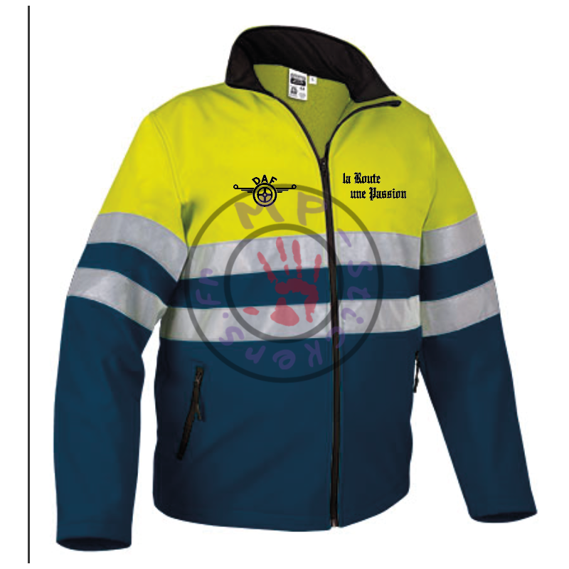 Veste softshell jaune fluo/bleu marine Haute Visibilité La Route une Passion intérieur micro polaire