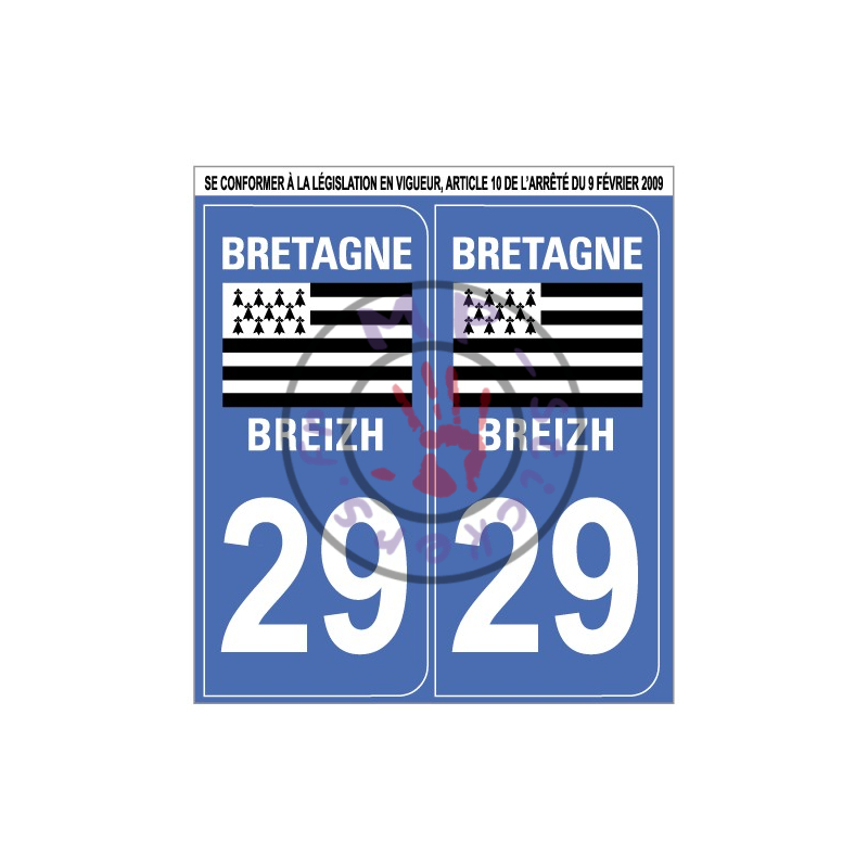 Stickers de plaque d'immatriculation auto département Finistère 29 (la paire) (port gratuit)