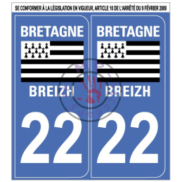 Stickers de plaque d'immatriculation auto département COTES D'ARMOR 22 (la paire) (port gratuit)