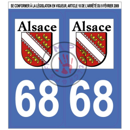 Stickers de plaque d'immatriculation auto département Haut-Rhin 68 (la paire) (port gratuit)