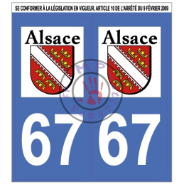 Stickers de plaque d'immatriculation auto département Bas-Rhin 67 (la paire) (port gratuit)