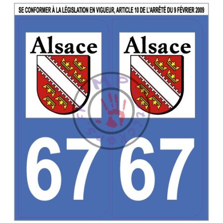 Stickers de plaque d'immatriculation auto département Bas-Rhin 67 (la paire) (port gratuit)