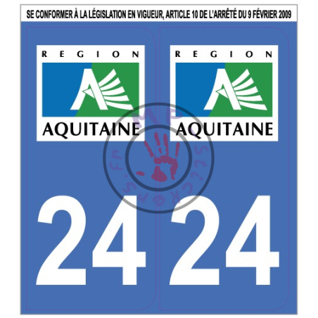 Stickers de plaque d'immatriculation auto département DORDOGNE 24  (la paire) (port gratuit)