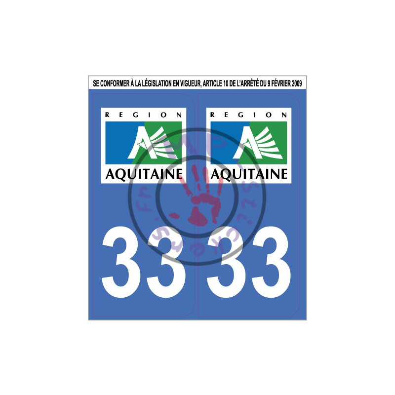 Stickers de plaque d'immatriculation auto département GIRONDE 33  (la paire) (port gratuit)