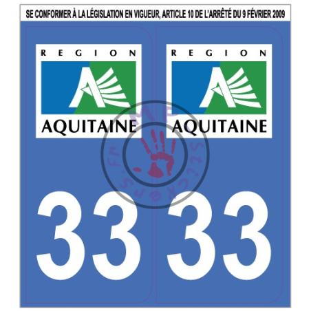 Stickers de plaque d'immatriculation auto département GIRONDE 33  (la paire) (port gratuit)