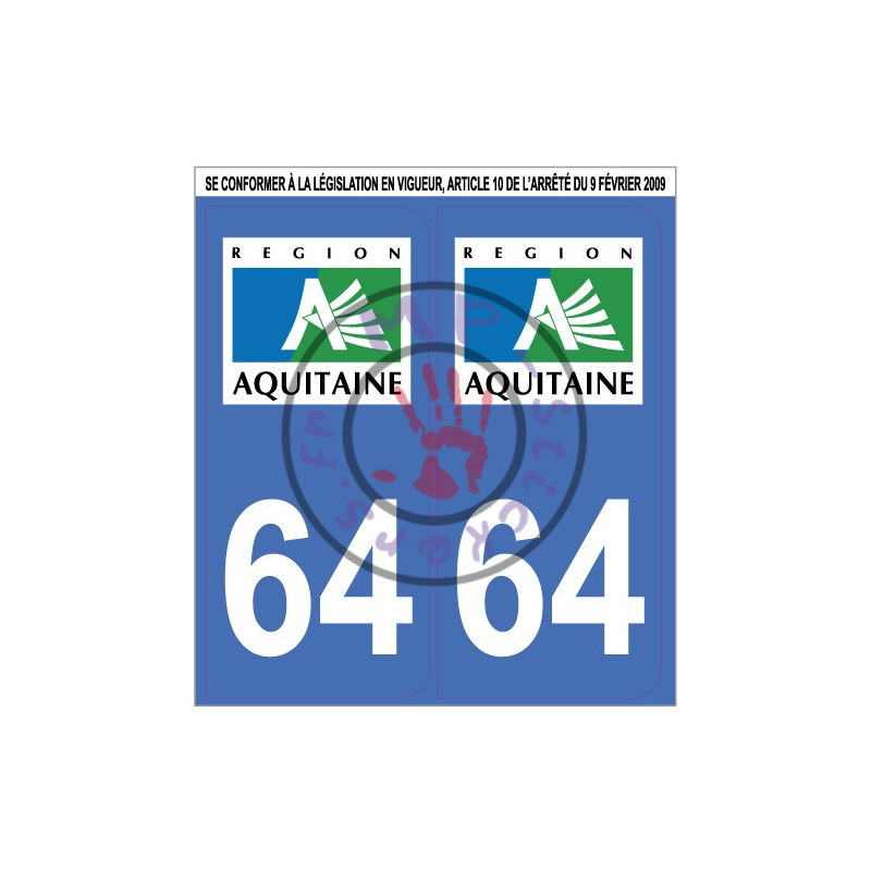 Stickers de plaque d'immatriculation auto département PYRENEES ATLANTIQUES 64  (la paire) (port gratuit)